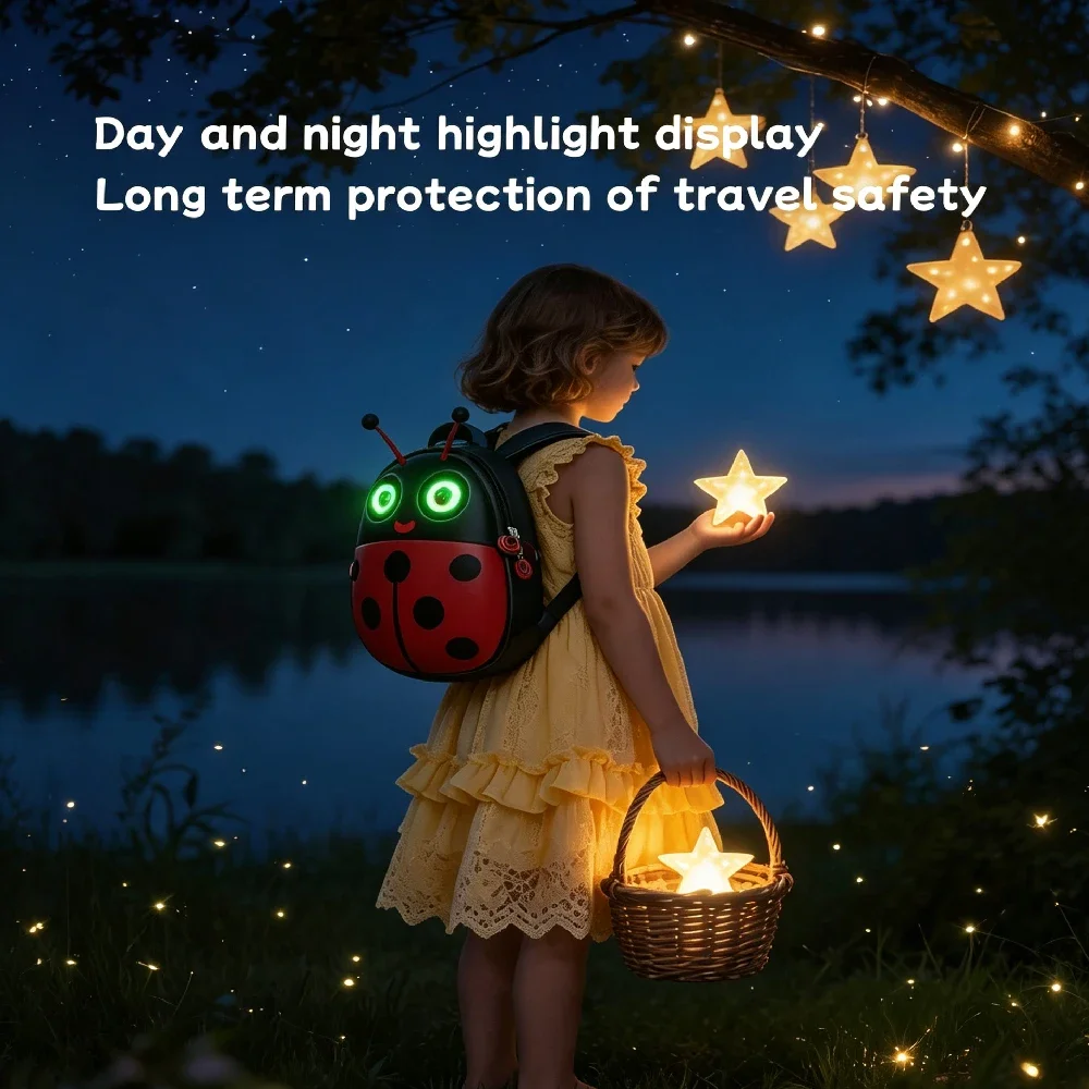 Girls Waterproof Casual Daypack, Cute Ladybug Hard Shell Backpack with DIY Programmable Full Color LED Eyes Display