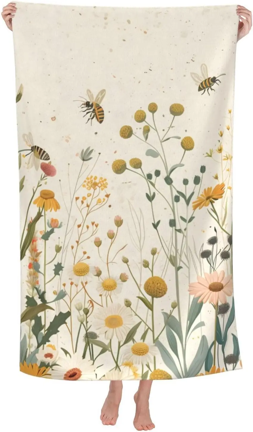 Wildflowers and Bees Beach Towel,Floral Sand-Free Microfiber Bath Towel Ultra Soft Quick Dry Towel Absorbent Towel Lightweight