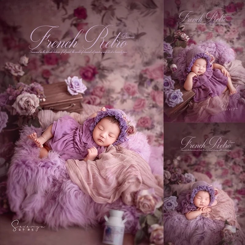 

Newborn Photography Props Purple Floral Theme Set Wool Blanket with Dress Hat and Bubble Wrap Backdrop for Studio Photoshoot