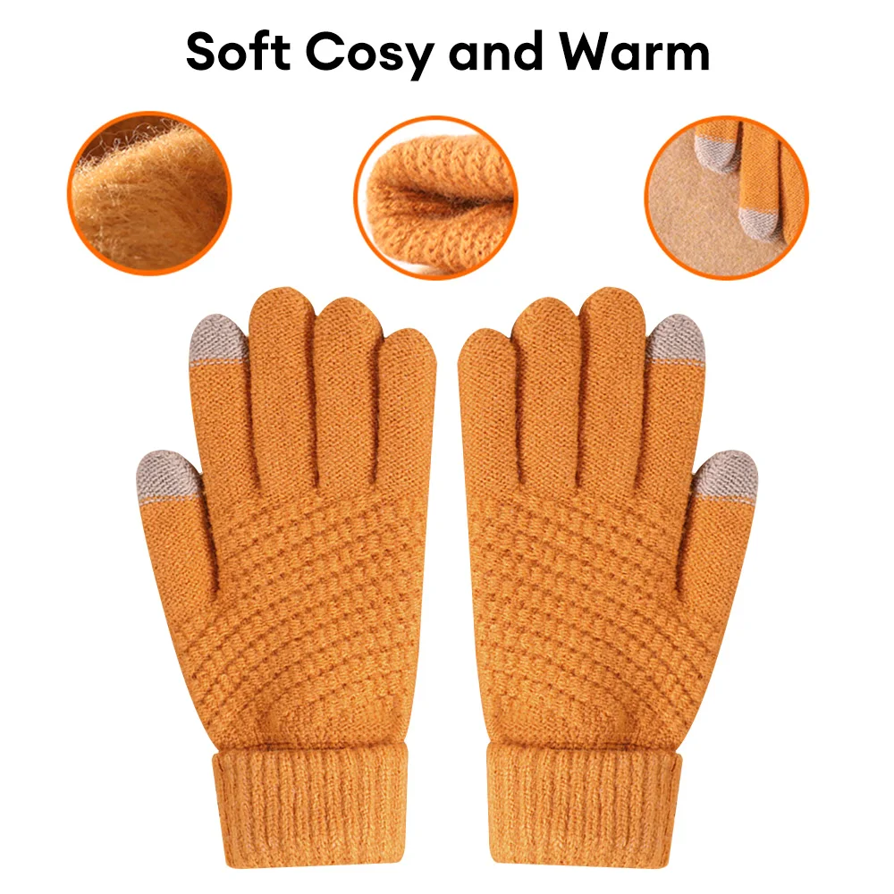 Winter Men Knitted Gloves Warm Full Fingers Touch Screen Anti-Slip Gloves for Cycling Running Driving Hiking Camping Work Mitten