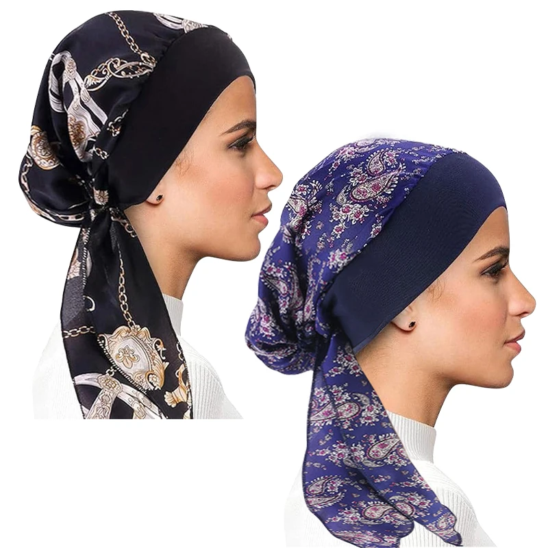 2 Stück Damen Bedruckte Vorgebundene Turban-Mütze mit Langem Schleier, Dehnbares Kopftuch, Muslimischer Hijab, Innenmütze, Haarausfall-Abdeckung, Beanie-Bonnet