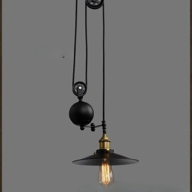 American Black Wrought Iron Pendant Light Retro Industrial Style Lifting Pulley Hanging Lamp Restaurant Kitchen Hotel Chandelier