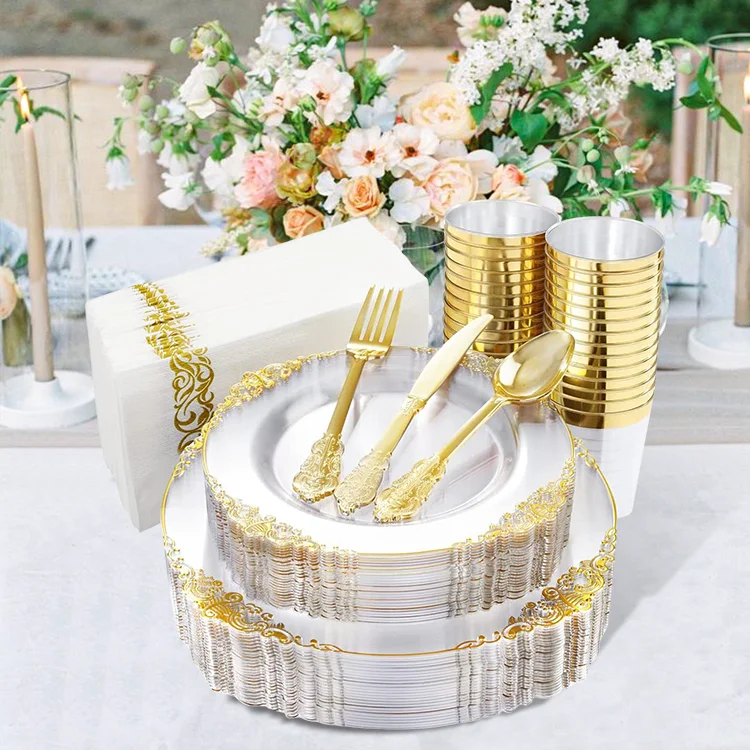 

Classic Luxury 175 Pieces Wedding Banquet Party Plastic Gold Charger Plates Dinnerware Set