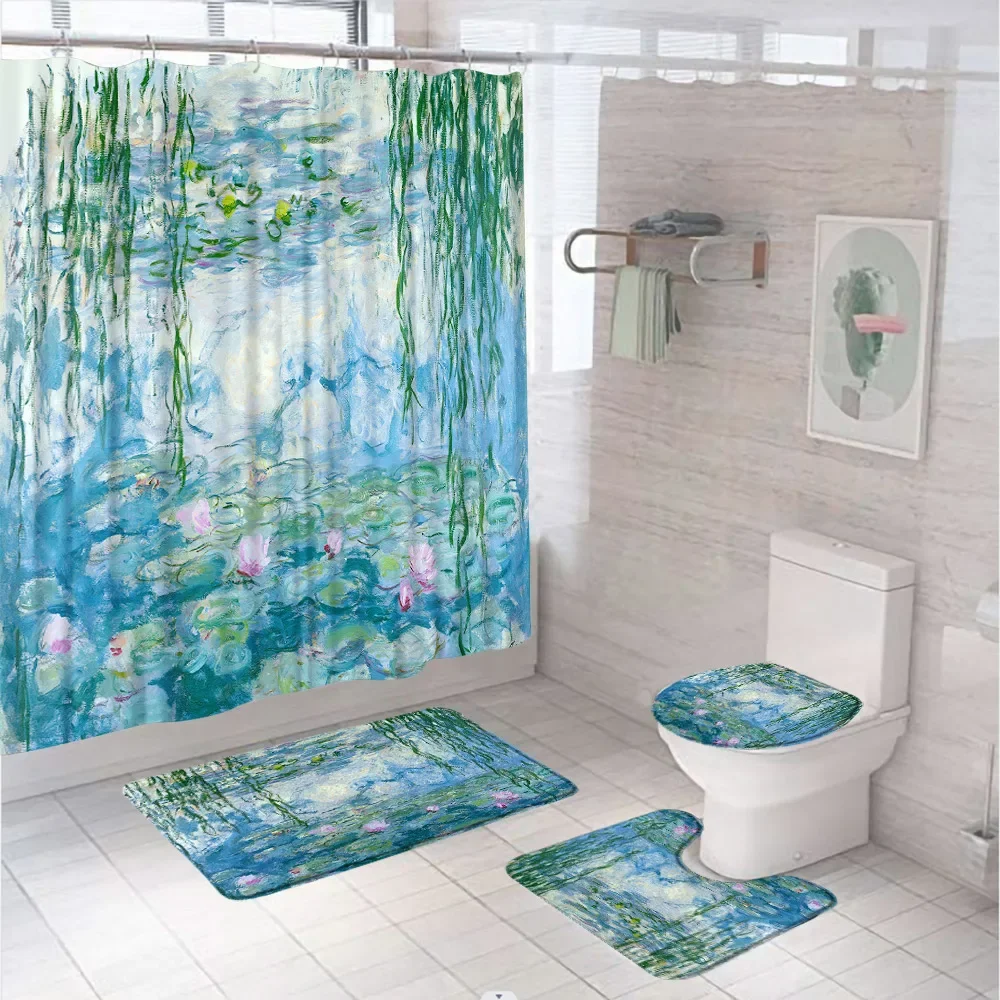 Watercolor Lotus Flower Shower Curtain Set Summer Plant Floral Water Lily Bathroom Screen Anti-slip Bath Mat Toilet Cover Carpet