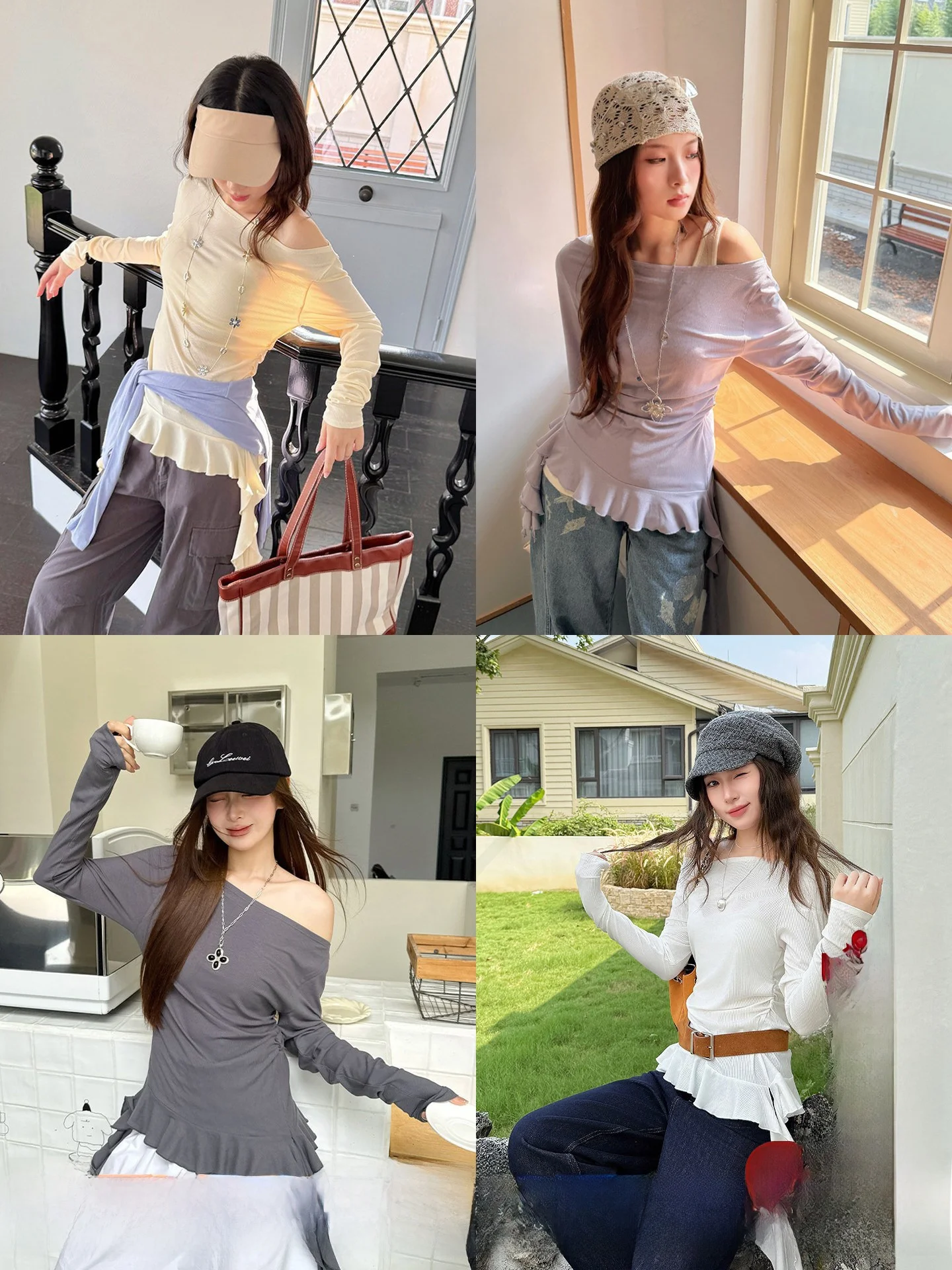 

Asymmetric Knitted T-irt Brand One oulder Design Simple Sle Pure Color Slim Fit Long Sve Women's Top