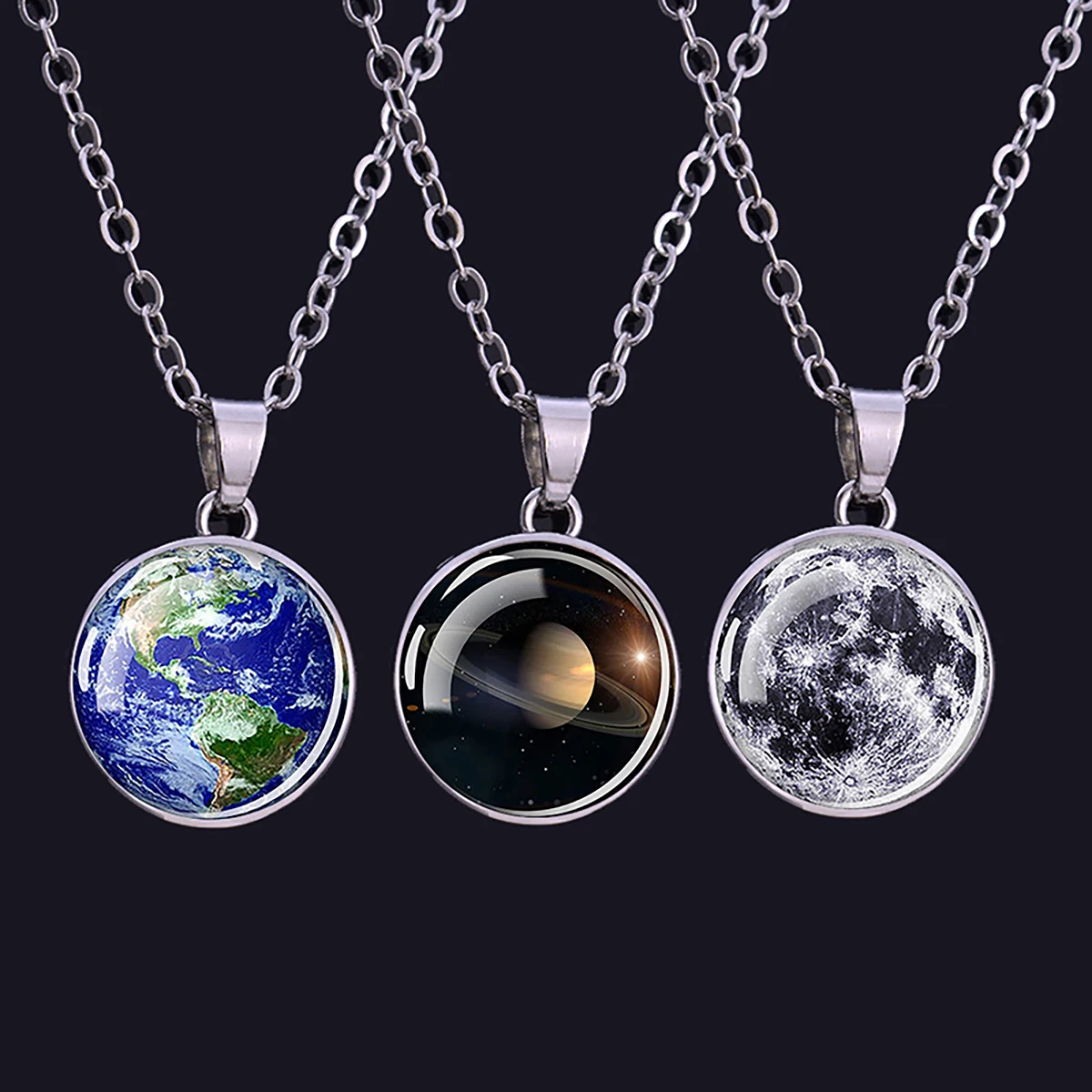 Solar System Necklace Moon Earth Saturn Planet Galaxy Glass Snap Button Pendant Jewelry Astronomical Gift