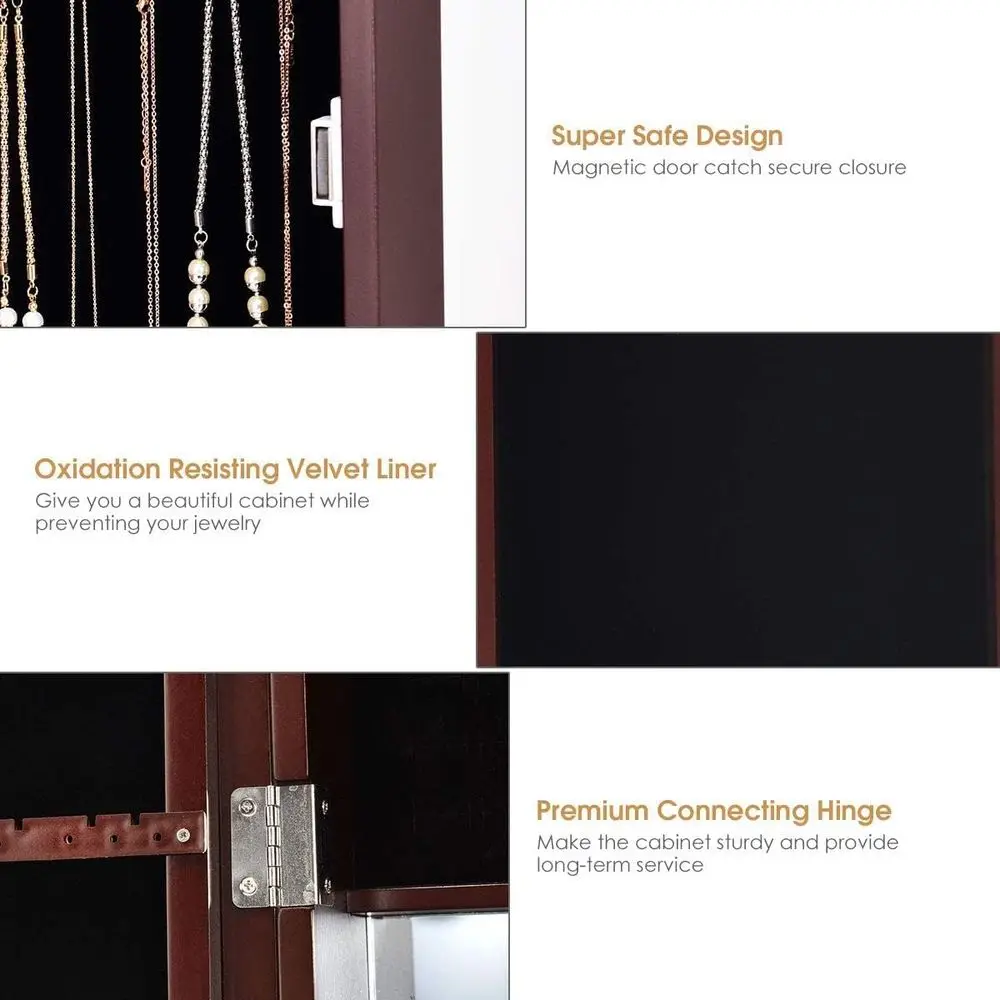 Brown Wall-Mounted Jewelry Armoire with Full-Length and Inside Makeup Mirrors, Large Storage for Women and Girls