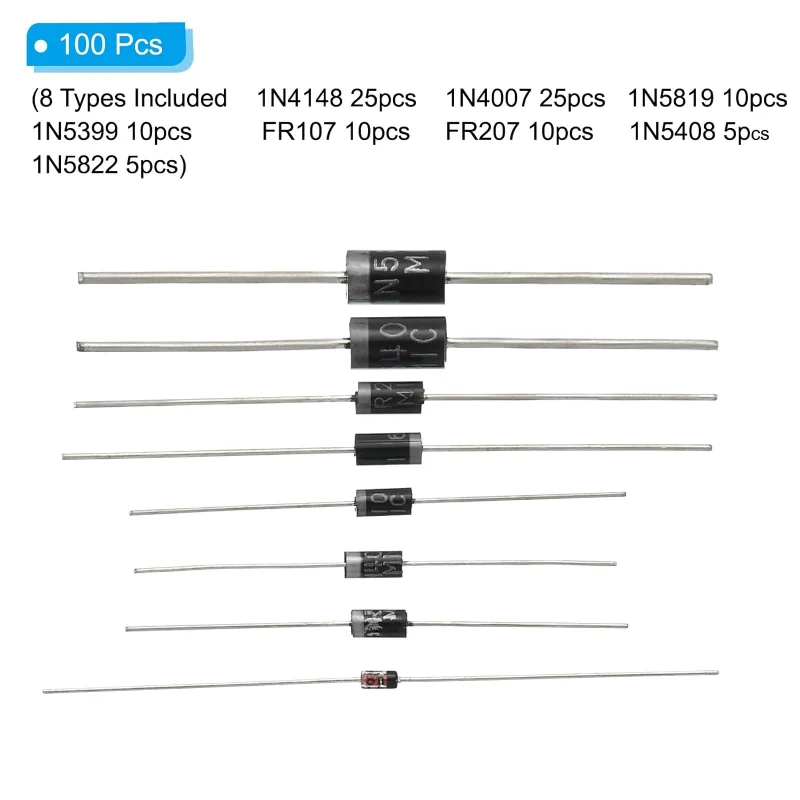 100pcs Rectifier Diode Assorted Kit 8 Types DIY Electronic Components 1N4148 1N4007 FR107 FR207 1N5819 1N5399 1N5408 1N5822