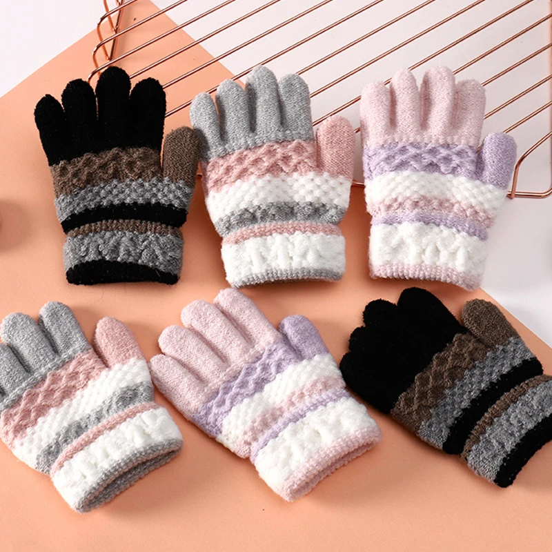 Winter Kindergarten Children Striped Split Finger Gloves Thick Warm Kids Knitted Glove 3-6year Boy Girl Baby Hand Warmer Mittens