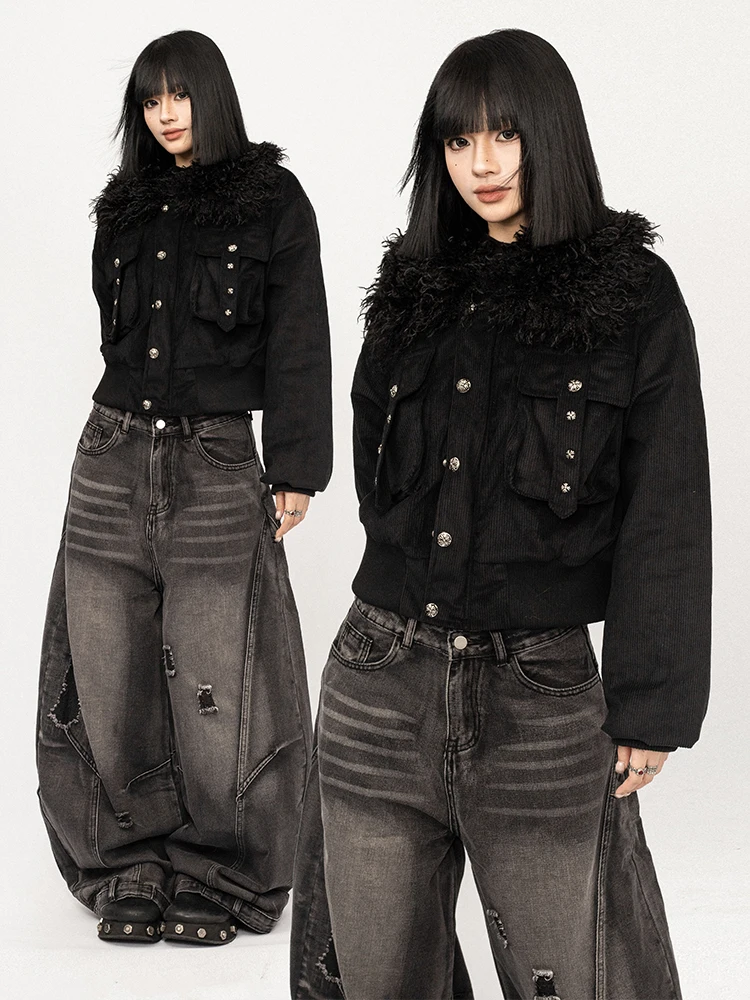 

OCTTFLA Women's ort Thiened Cotton Jaet with Large Fur Collar Hooded Winter Coat Bla Lightweight Commute Sle Straig...