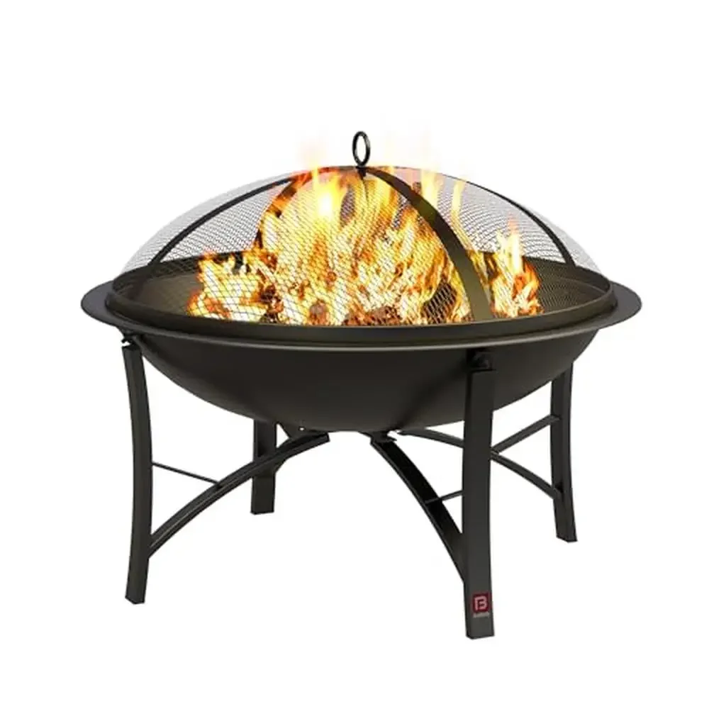 Outdoor Portable Round Fire Pit BBQ Grill Wood Burning Spark Screen Poker Camping Beach Bonfire Bowl