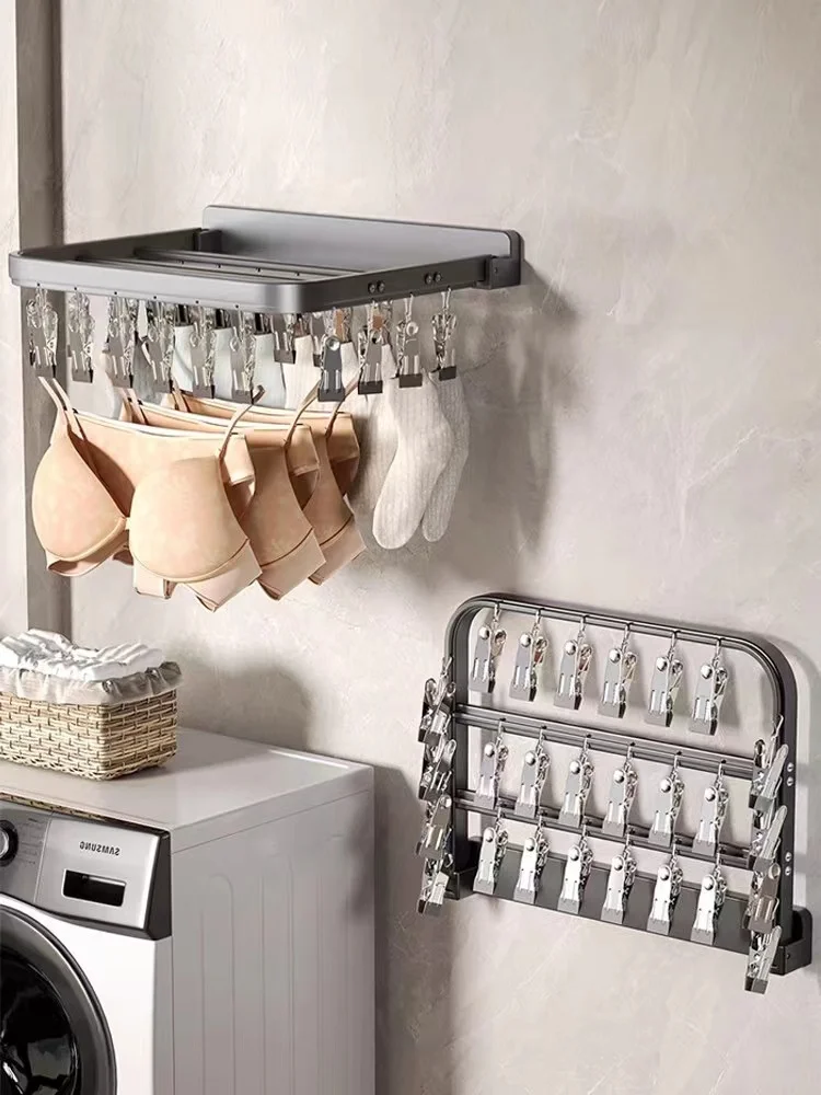 Foldable Wall-mounted Bra Sock Drying Rack Underwear Holder Towel Shelf Hook Balcony Organizer Sock Clip for Laundry