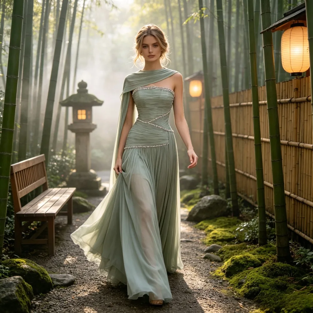 Customized Green Chiffon Cape Irregular Evening Gown 2026 Beaded Corset and Pleated Ball Dress Suitable for Cocktail Parties