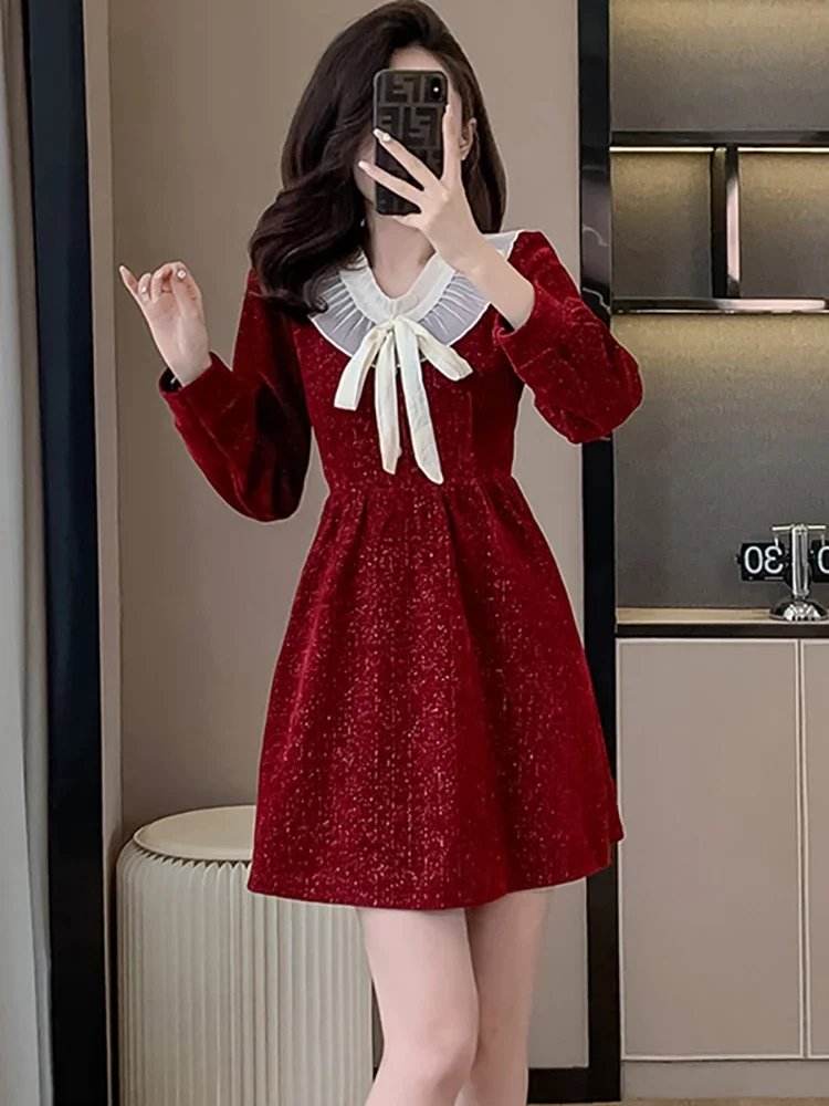 Autumn Winter Red Bright Silk Velvet Patchwork Bow Mini Dress Women Elegant Luxury Evening Dress 2024 Korean Vintage Party Dress