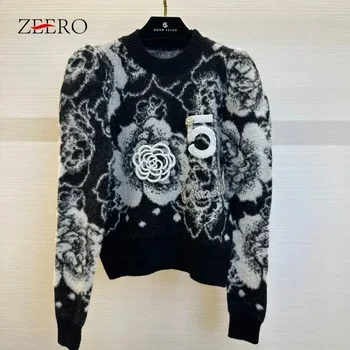 Automne hiver perle diamant Rose cachemire pull hauts pulls de luxe femmes Crochet Figure 5 Jacquard laine pulls tricots