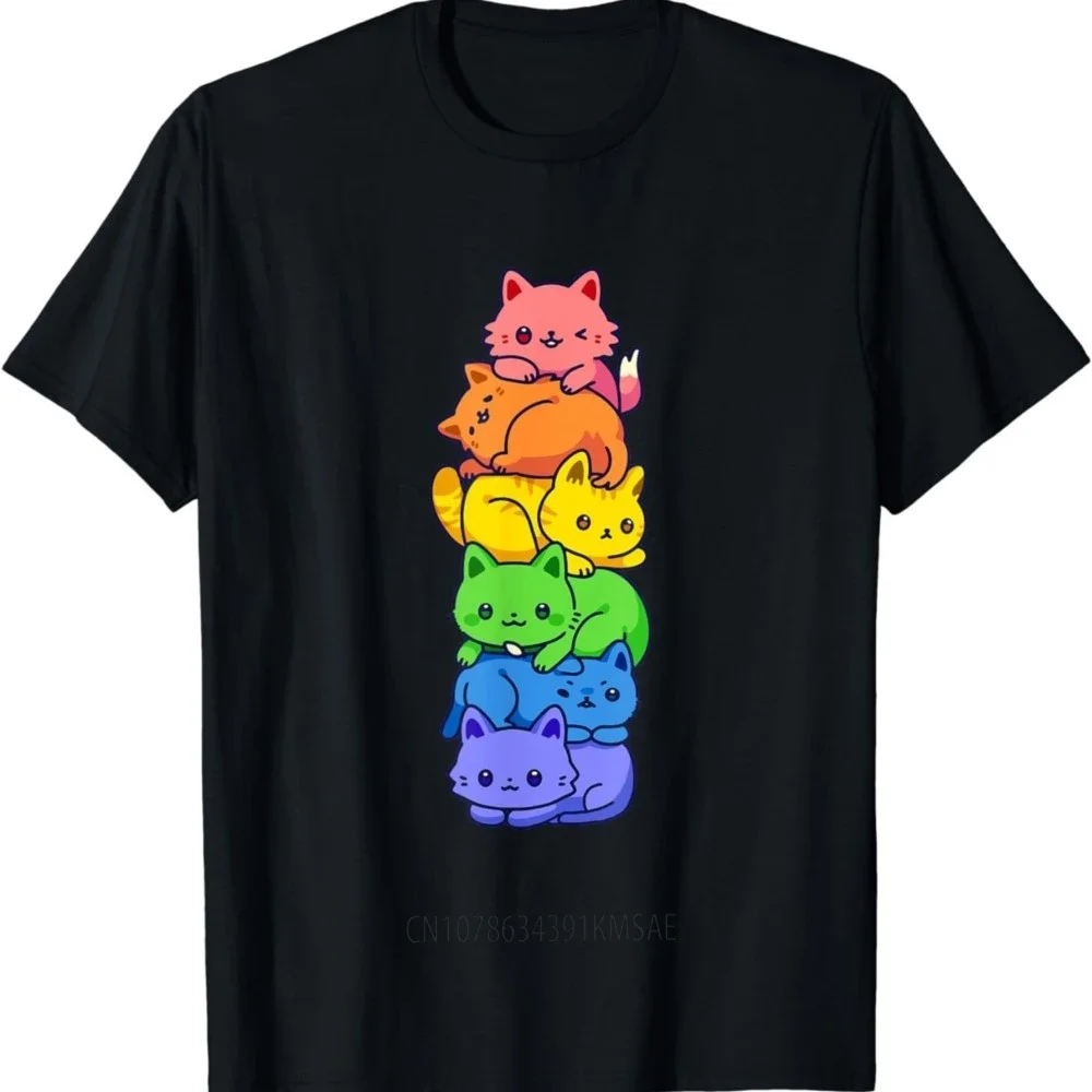 Gay Pride Cat LGBT Kawaii Cats Pile Cute Anime Rainbow Flag T-Shirt  Top  Women Clothes  Ropa Mujer