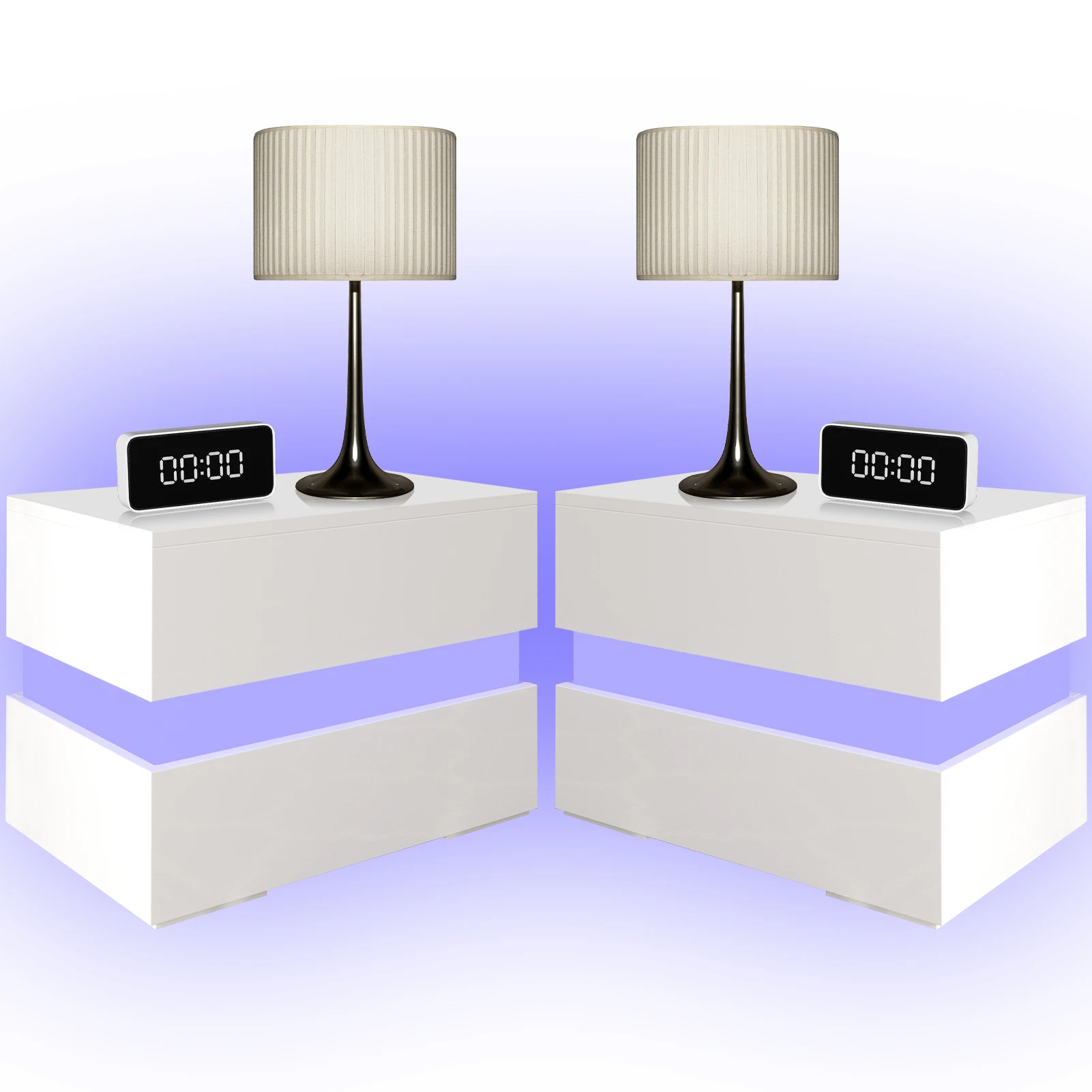 LED Nightstand Set of 2, Modern High Gloss Bedside Table with 2 Storage Drawers, End Table Set for Bedroom Living Room