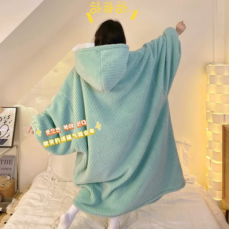 Women\'s Velvet nightgown pajamas Winter Hoodie Dress up Party Funny Robe Sleeping Skirt Home Clothing Unisex Loose pyjamas