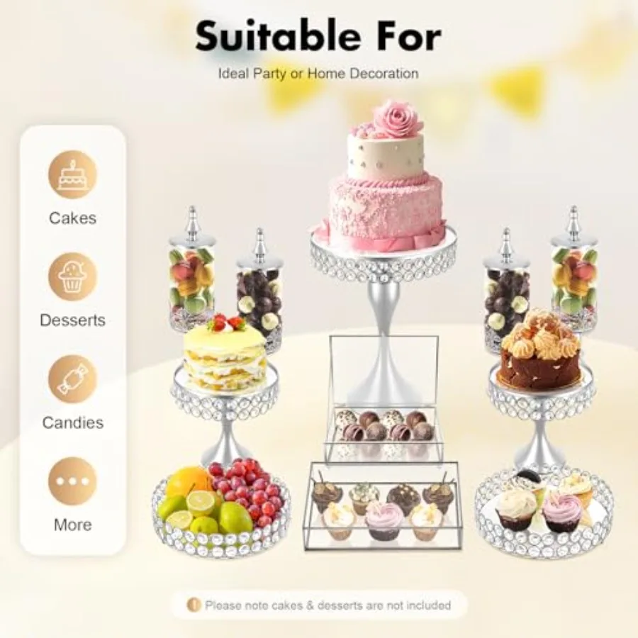 11 PCS Silver Cake Stand Set for Party Crystal Cake Stand Cupcake Holder Stand Dessert Pastry Candy Display Plate for Birthday