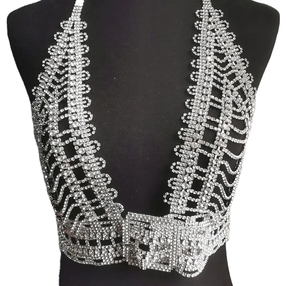 Sexy Deep V Neck Rhinestone Tops for Women Fashion Show Crystal Body Chain Jewelry Belts