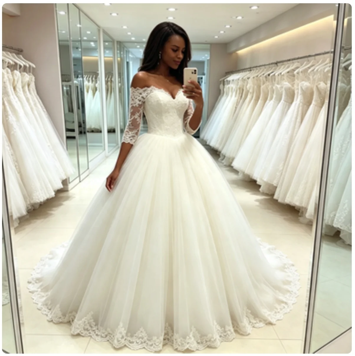 Off-the-Shoulder A-Line Wedding Dress 3/4 Sleeve Sweetheart Ball gown Tulle Bridal Gown Lace Up Back With Lace Trim Chapel Train