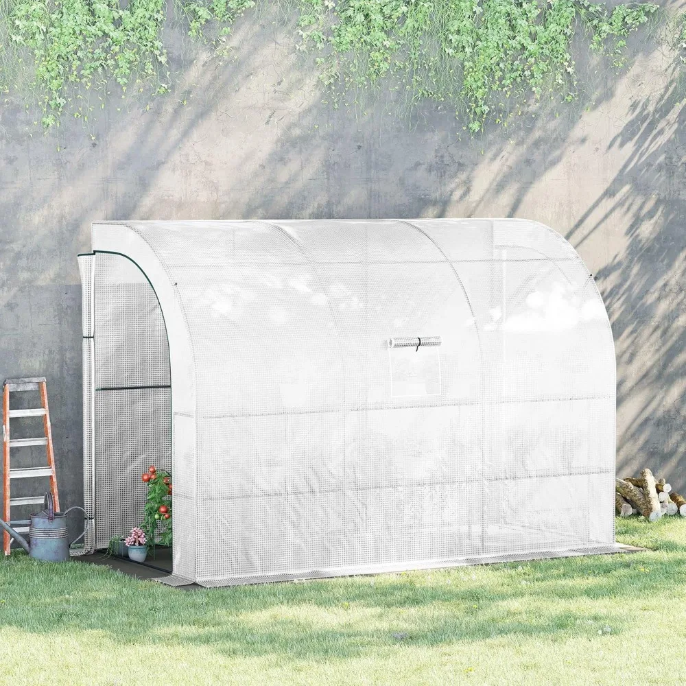 10' x 5' x 7' Lean to Greenhouse, Walk-in Green House, Plant Nursery with 2 Roll-up Doors and Windows, PE Cover and 3 W