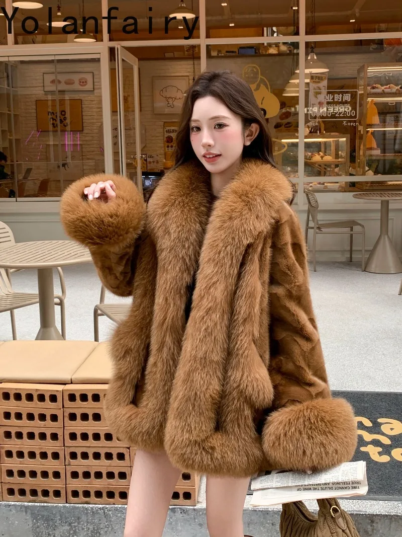 YOLANFAIRY High Quality Pieced Mink Real Fur Coat Women Winer Mid-length 100% Mink Fur Coats Fox Fur Collar Casual Jacket 67cm
