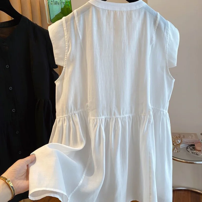 2024 Summer New Women\'s Korean Commuter Blouse Crew Neck Button Spliced Shirring Elegant Loose Sleeveless Midi Shirt Tops