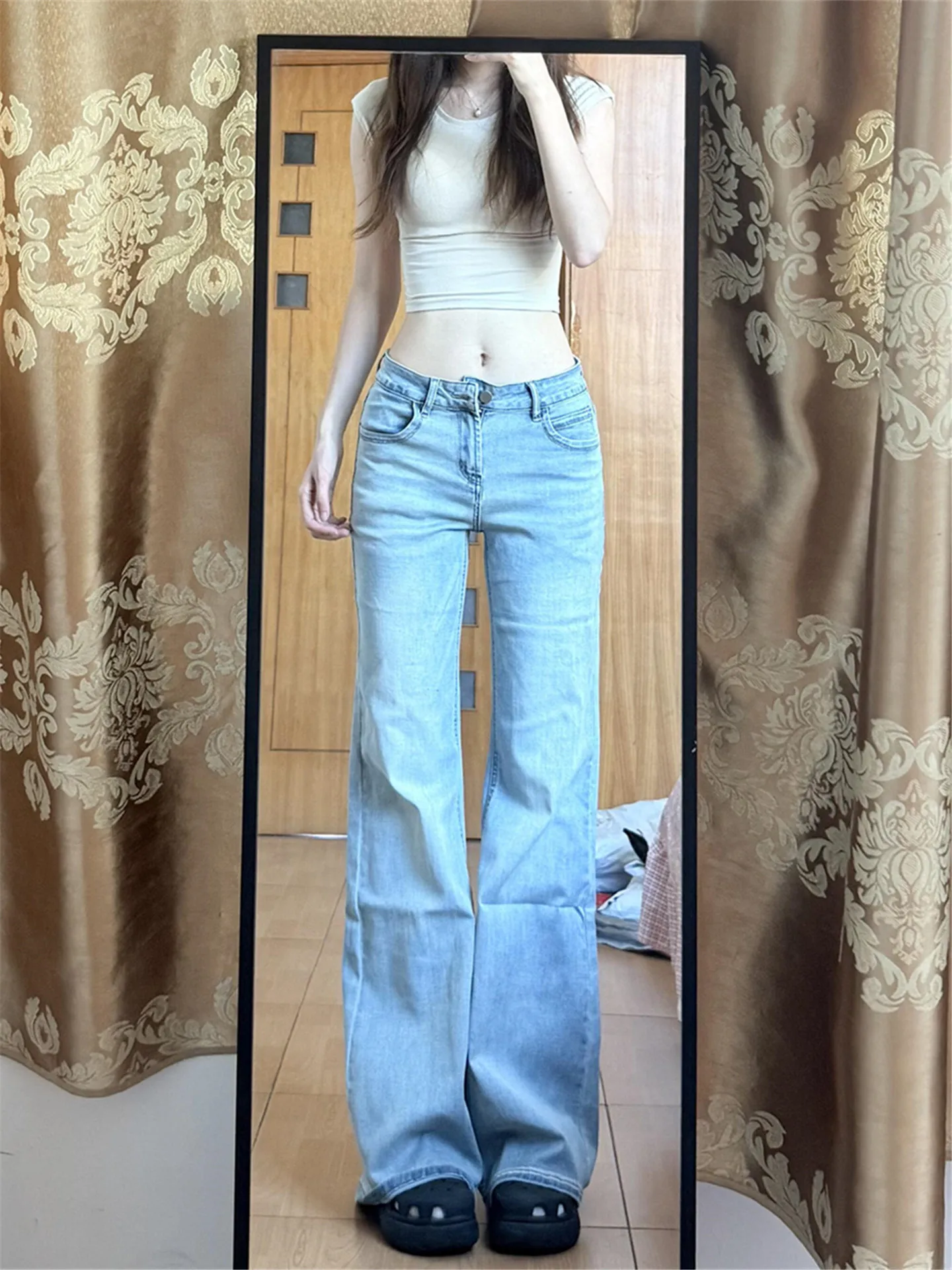 

Американские винтажные джинсы-клеш с низкой посадкой для женщин: свободные, стройнящие, сексуальные, широкие, в пол, повседневные, из выстиранного хлопка