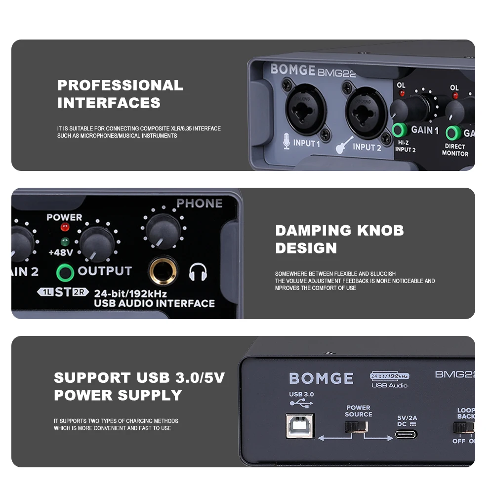 بطاقة صوت بومجي ميكسر ، 24 بت ، 192 كيلو هرتز ، واجهة صوت USB ، 48 فولت طاقة فانتوم ، حافظة معدنية للجيتار ، المطربين ، البودكاستر