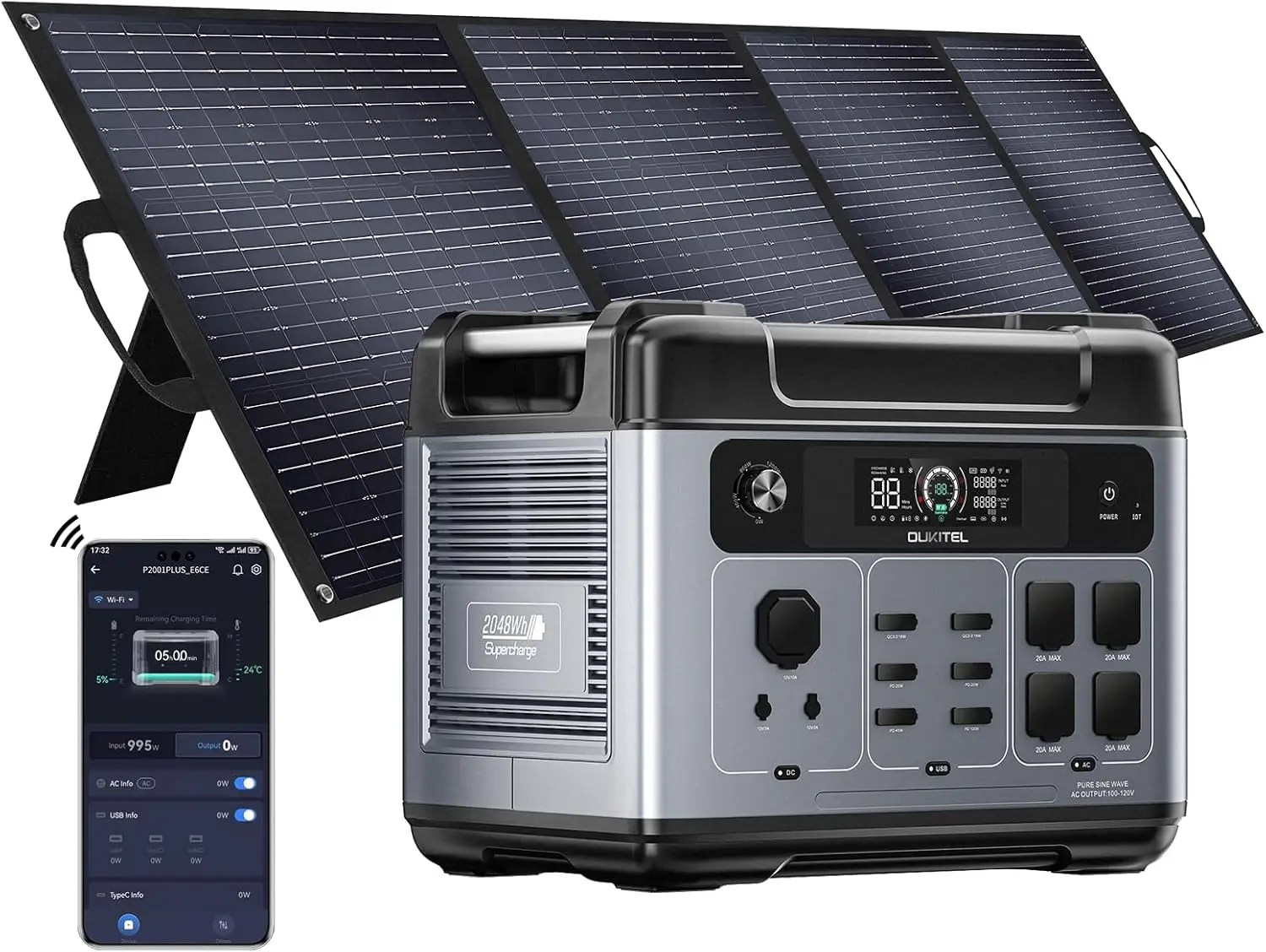 

P2001 PLUS 2400W Portable Power Station, 2048Wh Large Capacity Solar Generator With 200W Solar Panel,LiFePO4 (LFP) , Camping,cus