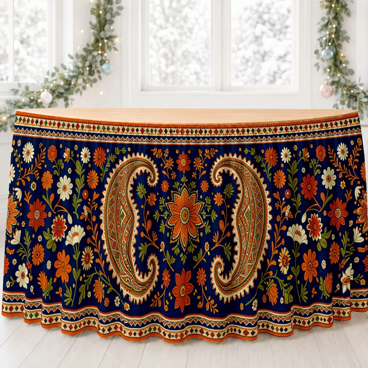 One tablecloth with floral paisley pattern table skirt. Bohemian retro decorative style. Colorful and exquisite tablecloth.