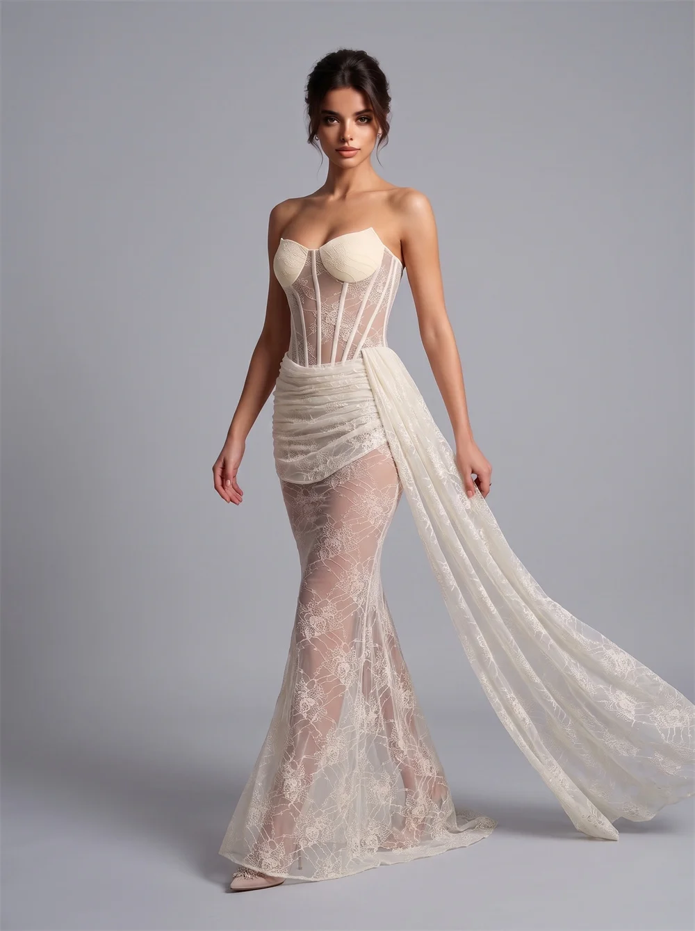Strapless Lace Wedding Dress For Women Sweetheart Corset Sheer Mermaid Bridal Gown Beach Wedding Maxi Party Dress Cocktail Gown