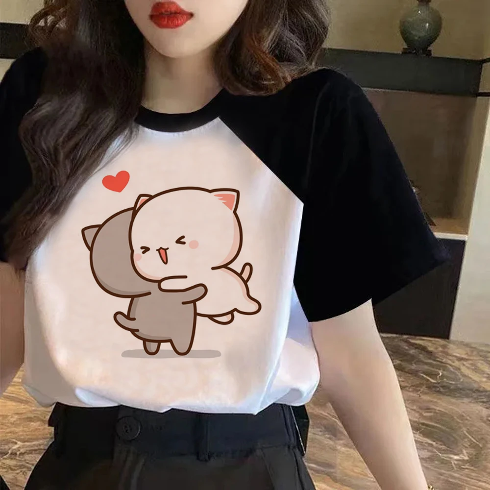 Kawaii Peach and Goma Mochi Cat Love Print T Shirt Women Y2k Clothes Cartoon Funny T-shirt Harajuku Anime Unisex Tshirt Female