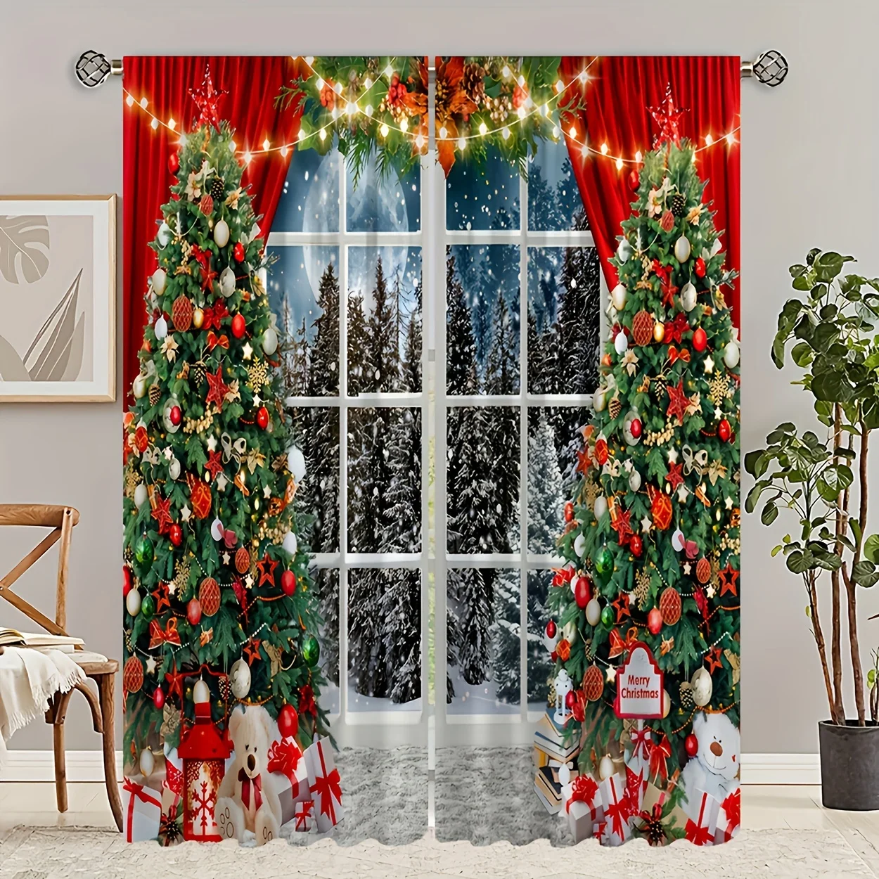 2pcs Santa Claus and Christmas Themed Snowman & Gift Ornament Style Print Curtains Drapes for Bedroom and Living Room Decor