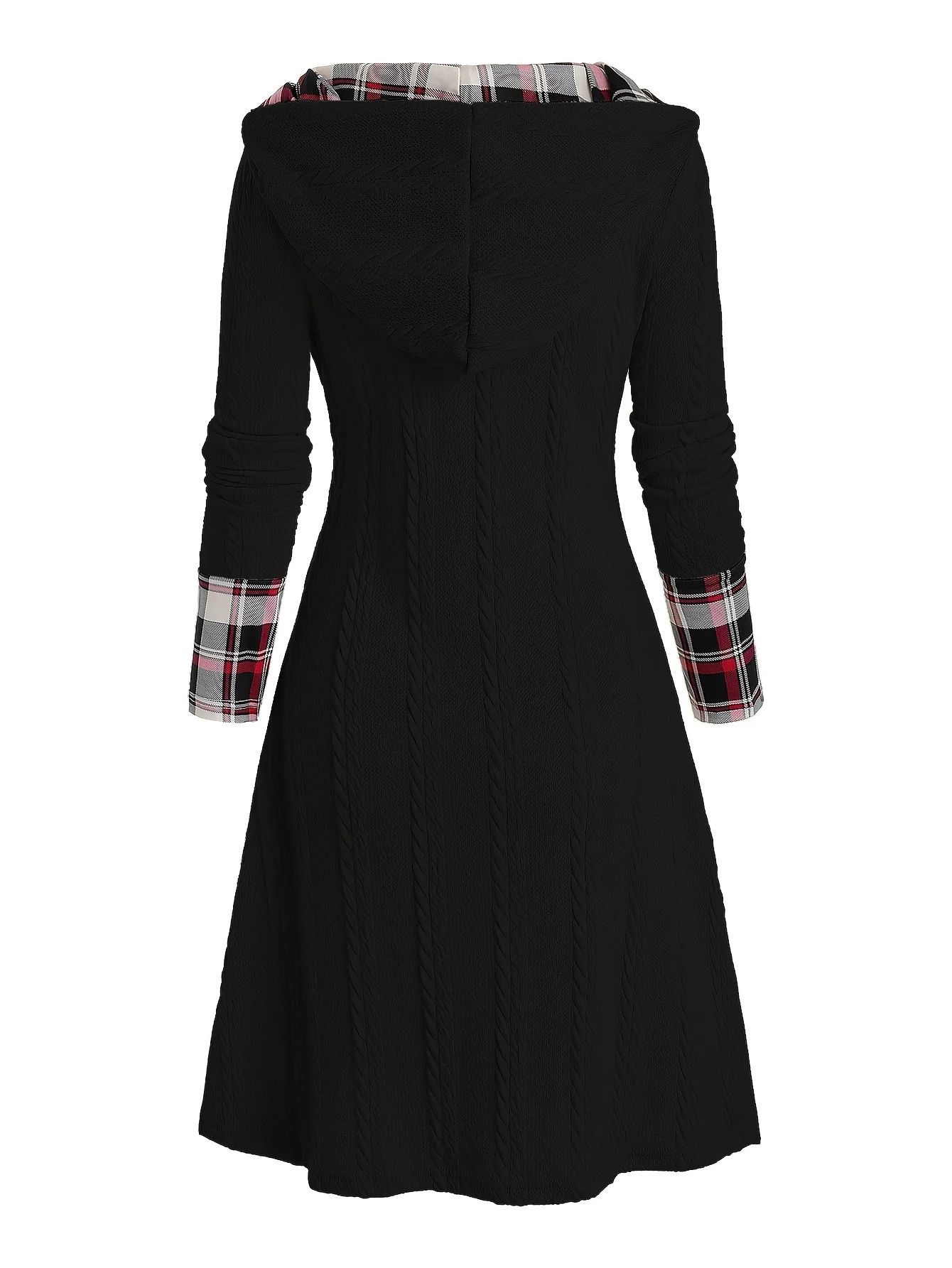 Damen-Kleid mit Karomuster, Kapuze, hoher Taille, A-Linie, lange Ärmel, aus Strick, mit dekorativer Schnallendetail. – Detail 8