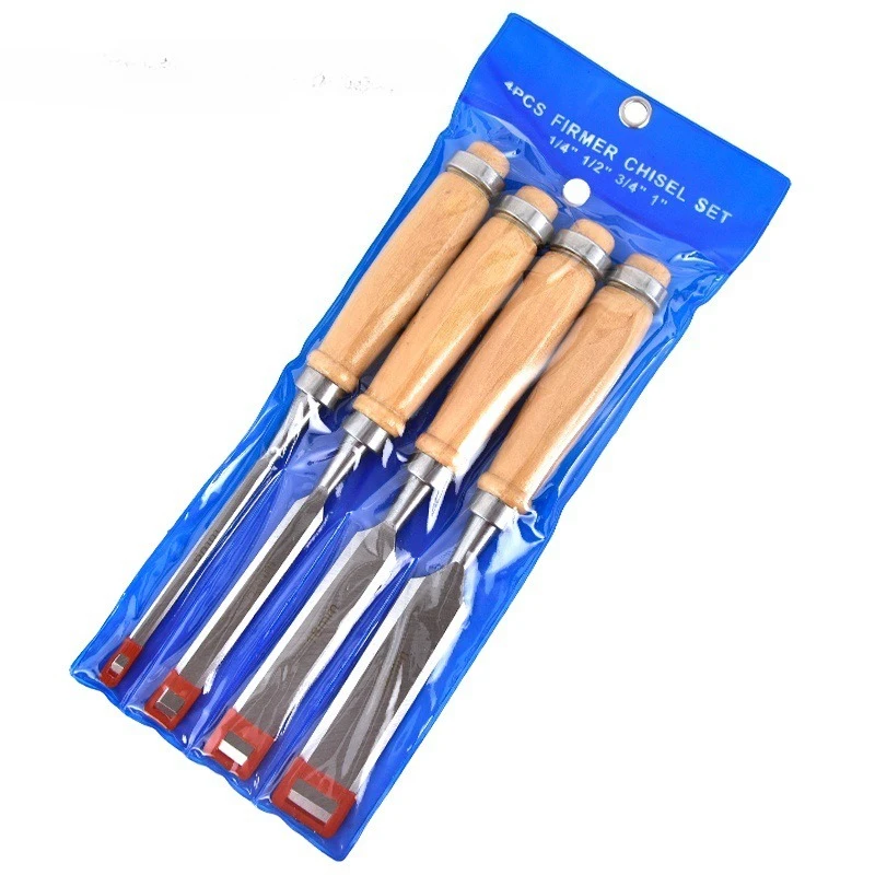 4Pcs Wood Chisel Set Cr V Steel Wooden Handle Flat Chisel Round Gouge Chisel with Storage Pouch Carpenter Woodworking Hand Tools