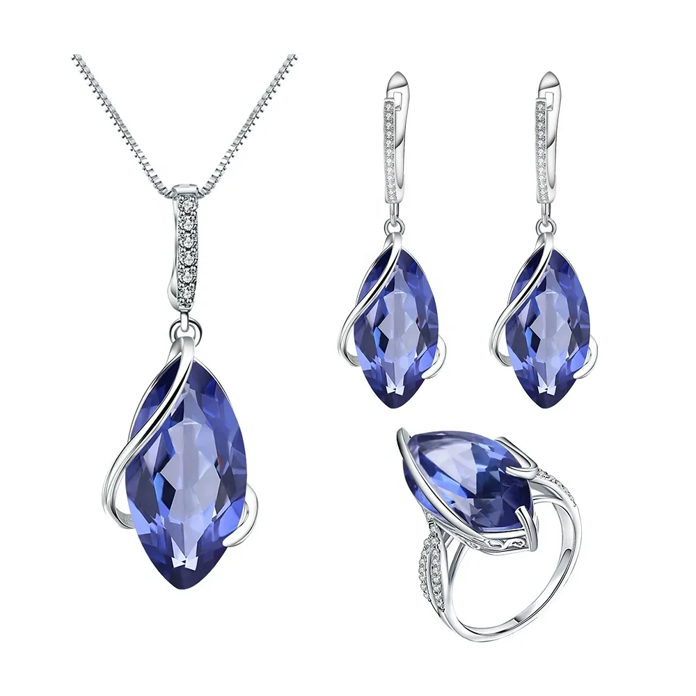 

C498 Abiding Modern Style Natural Marquise Cut Mystic Quartz Blue Gemstone 925 Silver Jewelry Set