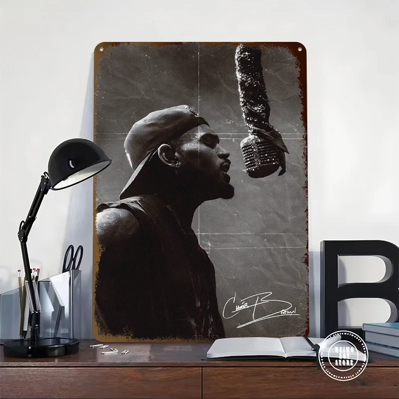 Chris Brown Singing Into Microphone Printed Poster Customized Retro Wall Art Vintage Metal Tin Signs for Gaming Room Decoration