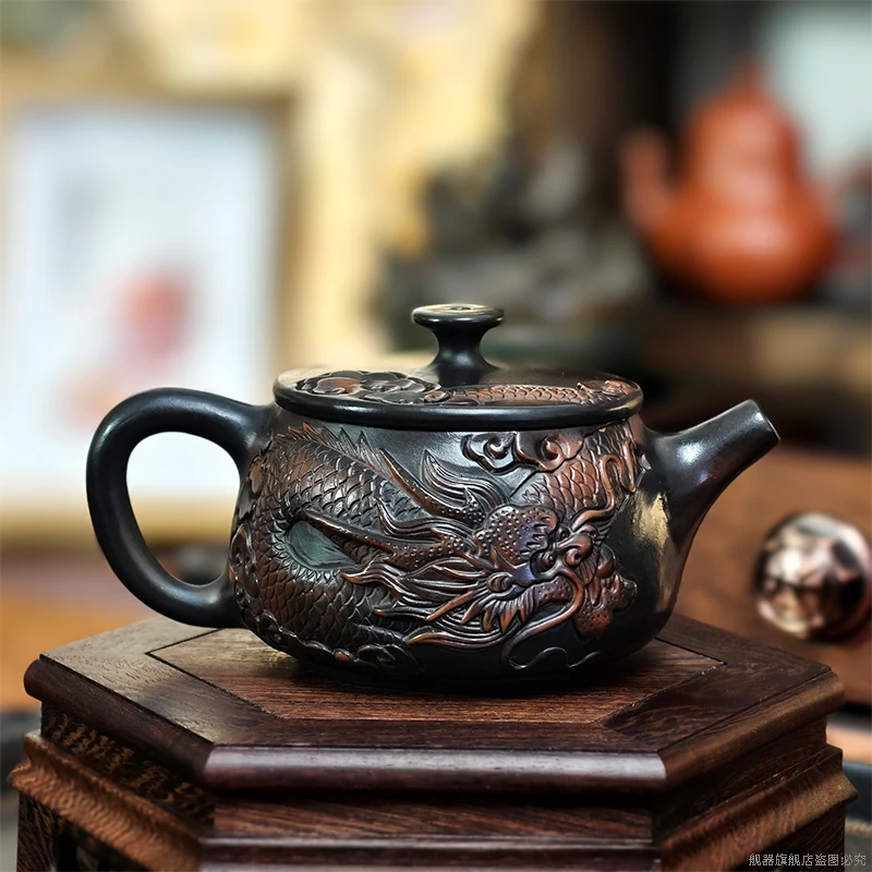 Dragon Purple Pottery Vintage Handmad Teapot Ceramic Carve Kung Fu Teapot Single Teapot Pu'er Tea Making Tea Sets Tea Pot