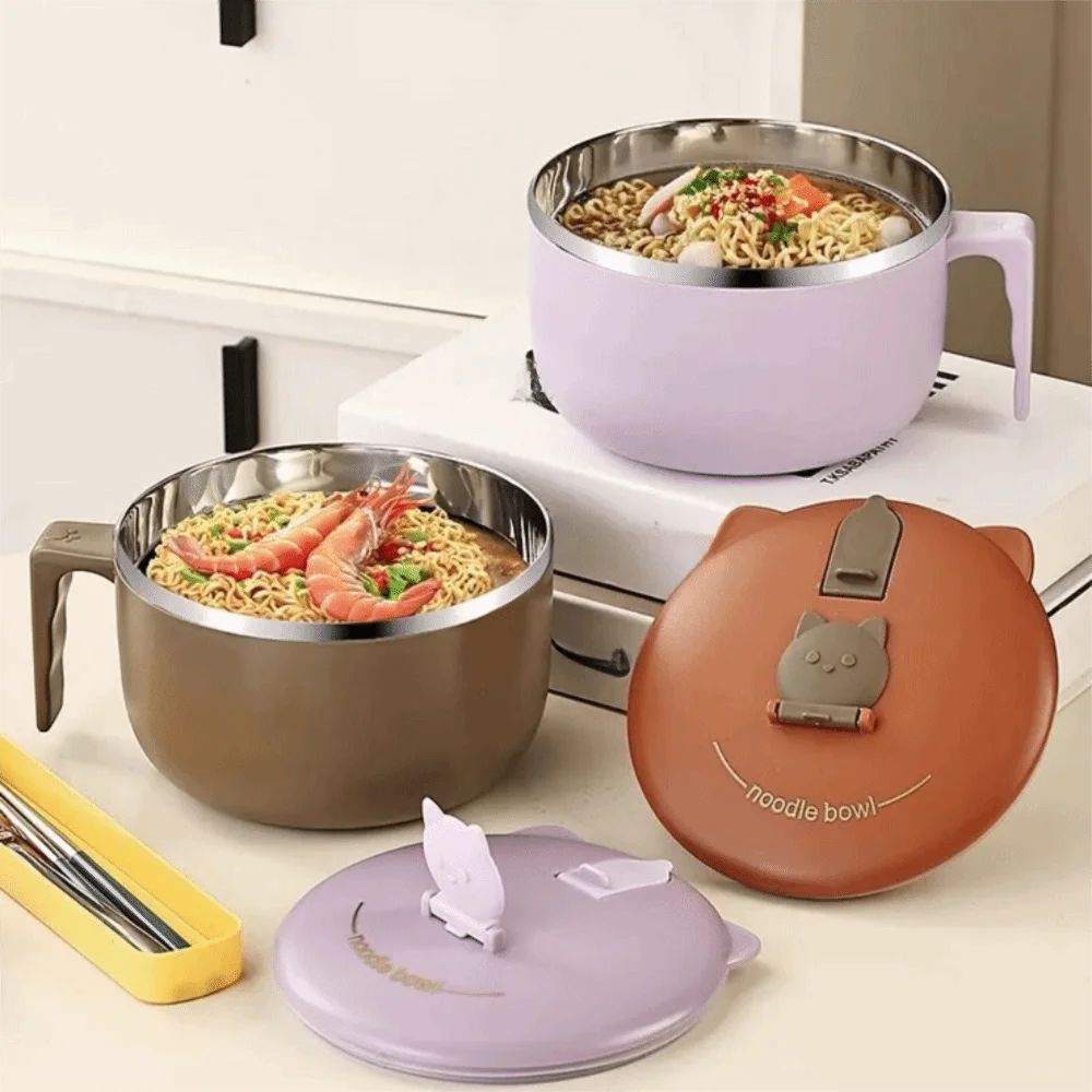 Japanese-style Student Instant Noodle Bowl 1300 ML 304 Stainless Steel Food Serving Bowl with Lid Large Capacity Food Container