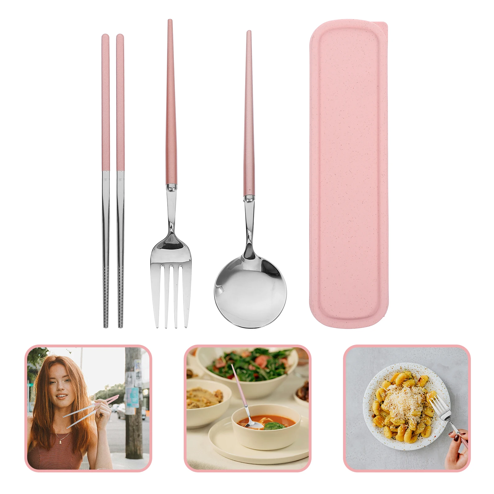 

3 pcs 3 Piece Steel Cutlery Set Chopsticks Fork Cutlery Durable Portable Travel Silverware Camping Cookware Reusable Tableware