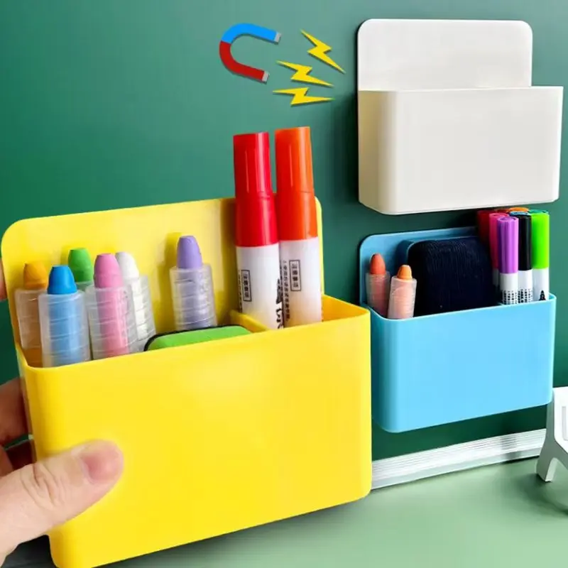 Magnetic Fridge Storage Box Transparent Plastic Organizer with Marker Holder for Refrigerator Desk Office School Supplies