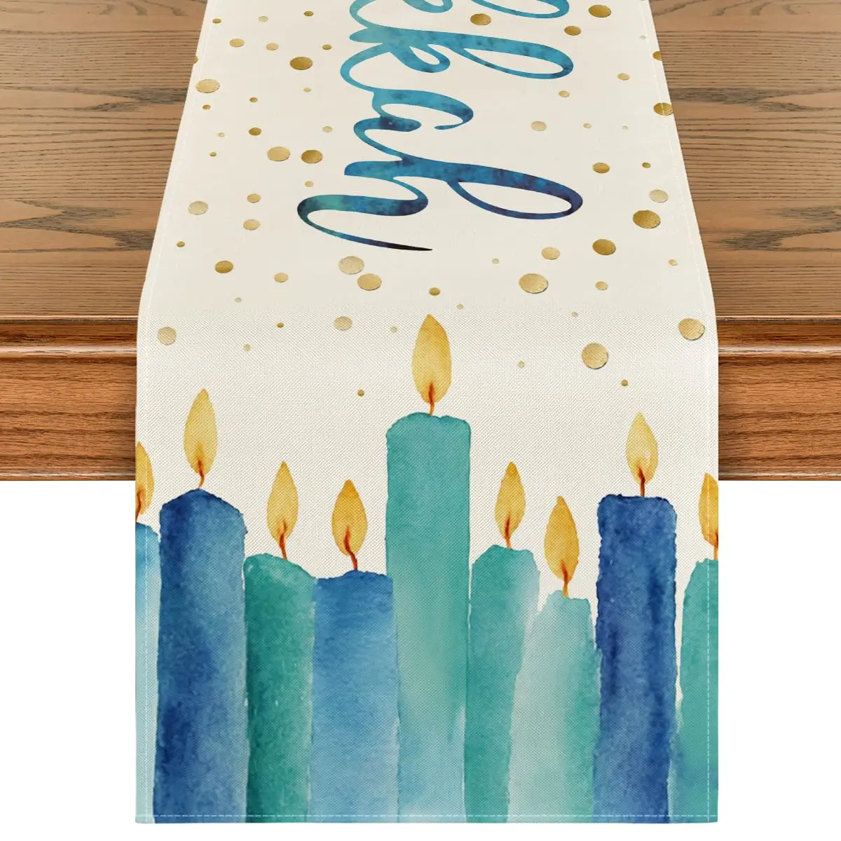 

Watercolor Candle Happy Hanukkah Table Runner, Menorah Chanukah Holiday Kitchen Dining Table Decoration for Indoor Home Party