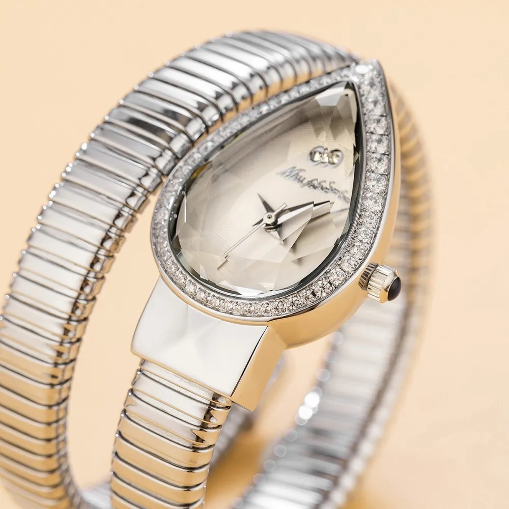 MISSFOX Snake Shape Diamond Watch For Women Luxury Brand White Dial Ladies Gold Iced Out Watch Analog Quartz Movt Unique Watch - view 3