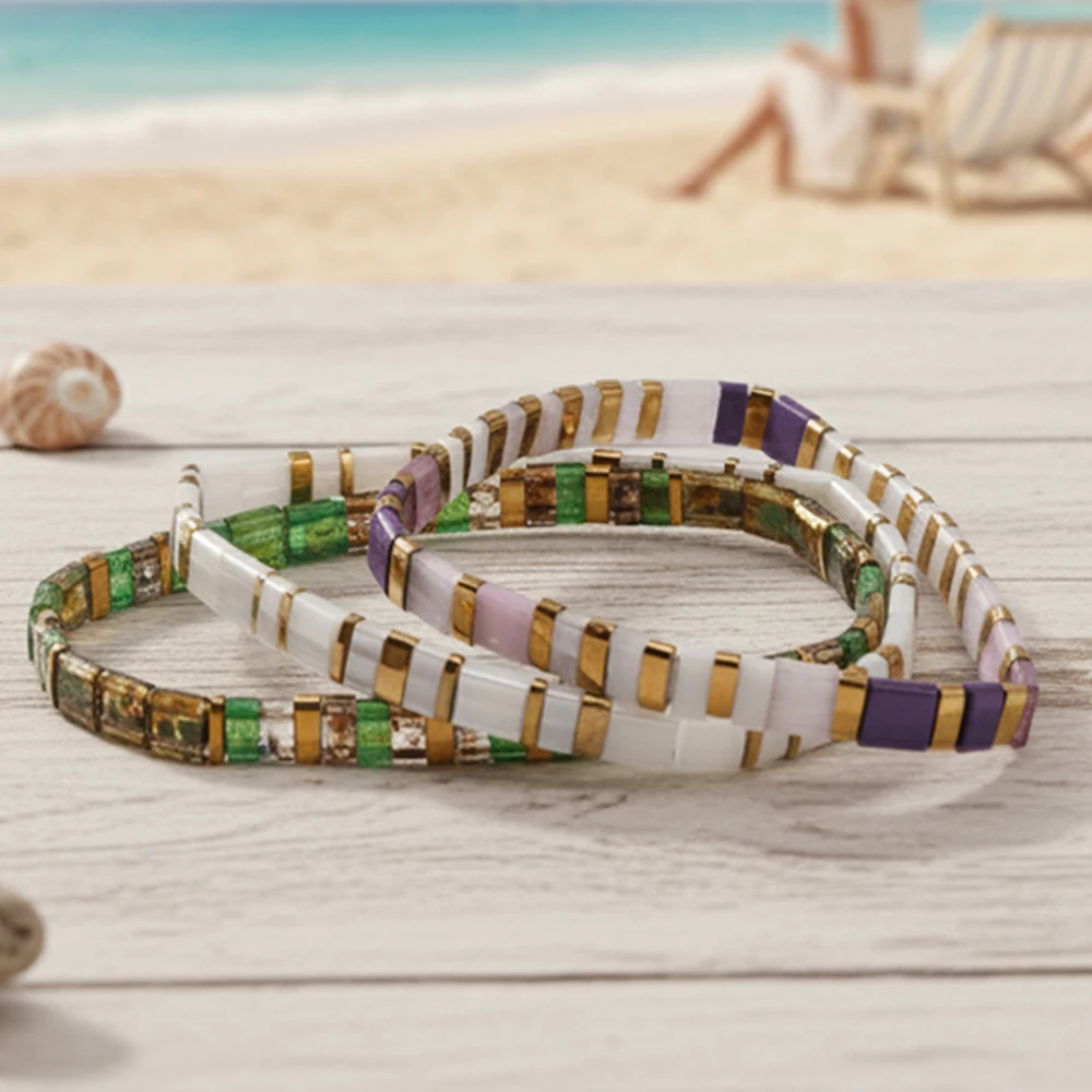 

3PCS Colorful Tile Beaded Bracelet Set for Women Girls, Boho Square Beads Stretch Bracelets Summer Beach Holiday Fashion Jewelry