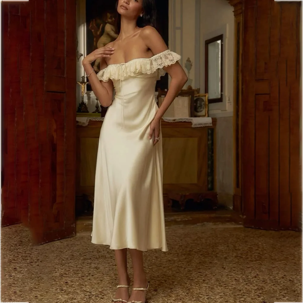 

Exquisite Evening Dress Luxury Women Off The Shoulder Sleeveless Prom Gown With Lace Border Tea Length Formal Party Dress A Line