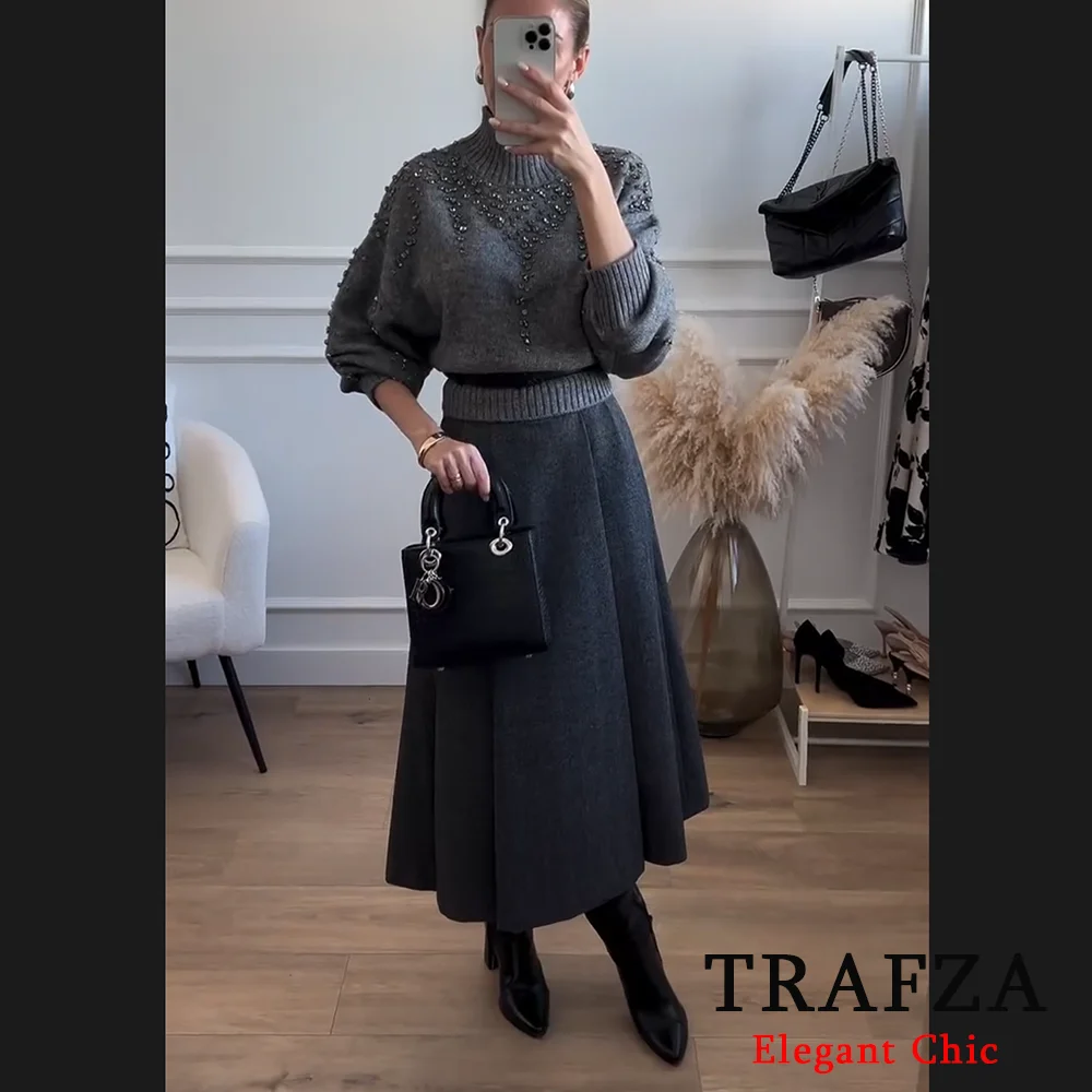 TRAFZA-Women Elegent Jeweled Beaded Loose Long Sleeve Turtleneck Sweater New 2024 Autumn Winter Fasion Lazy Cozy Design Sweater