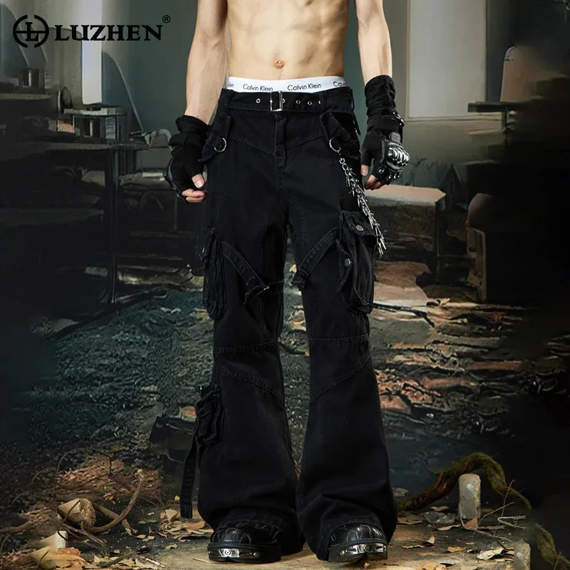 

LUZHEN Multi Pockets Design Solid Color Cargo Denim Pants Men's 2025 New Street Wear Straight Slim Jeans Niche Original JY2441