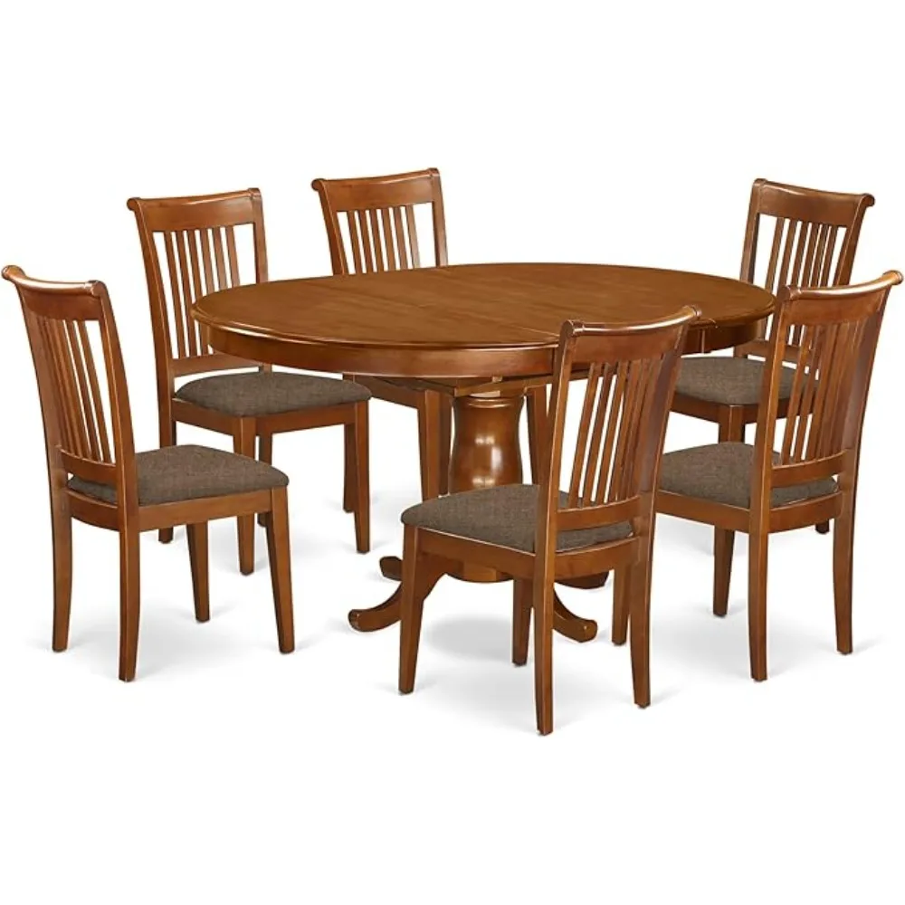 PORT7-SBR-C 7 Piece Dining Table Set Consist of an Oval Dining Room Table with Butterfly Leaf and 6 Linen Fabric Upholstered